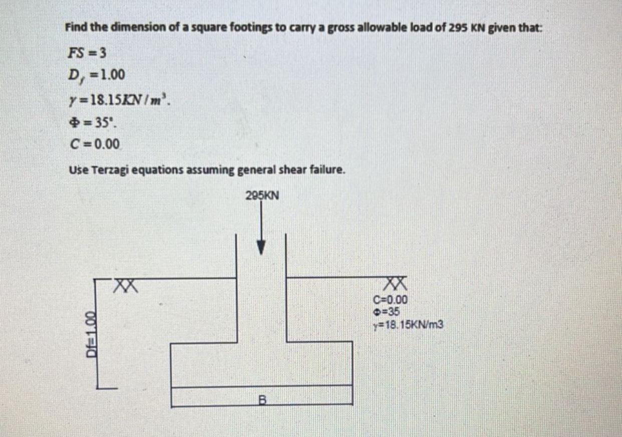 Find the dimension of a square footings to carry
