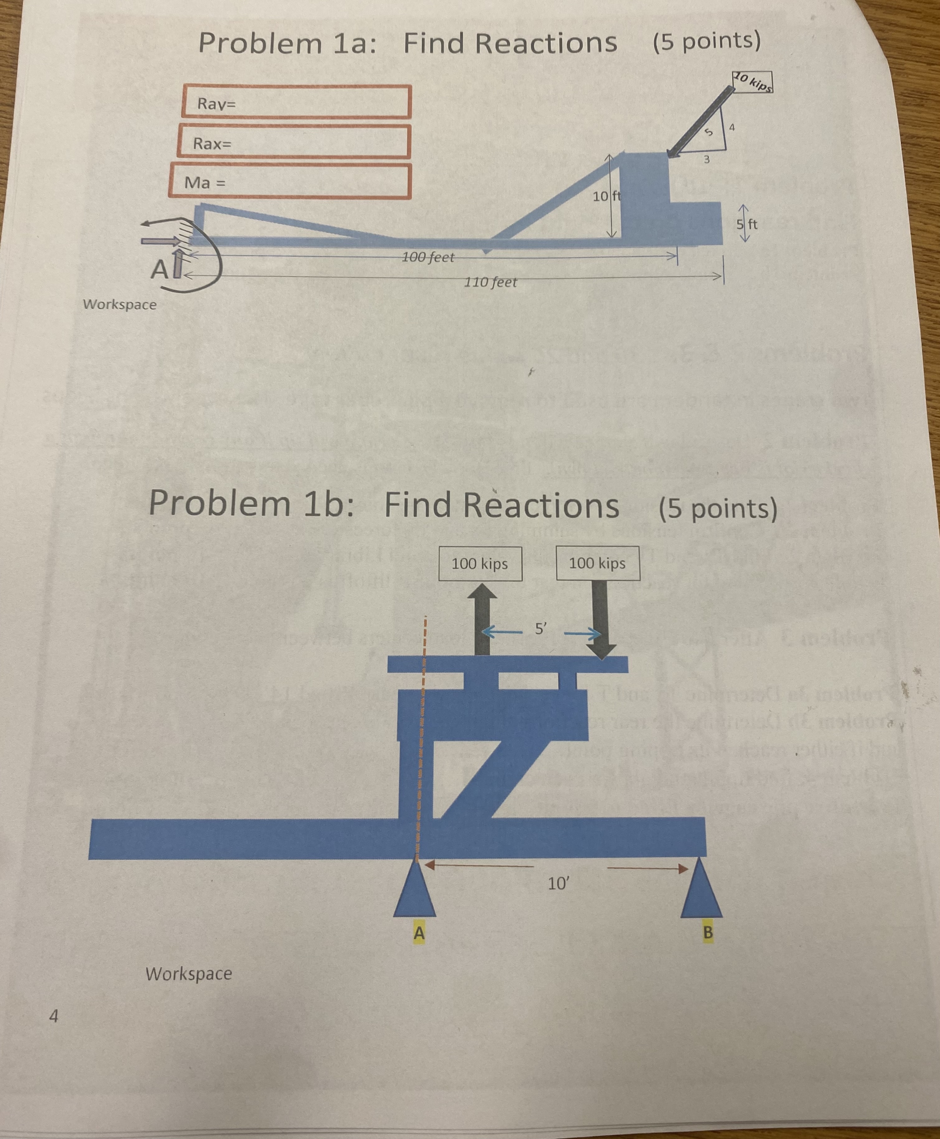 Problem 1 b: Find Reactions ( 5 points ) Workspace