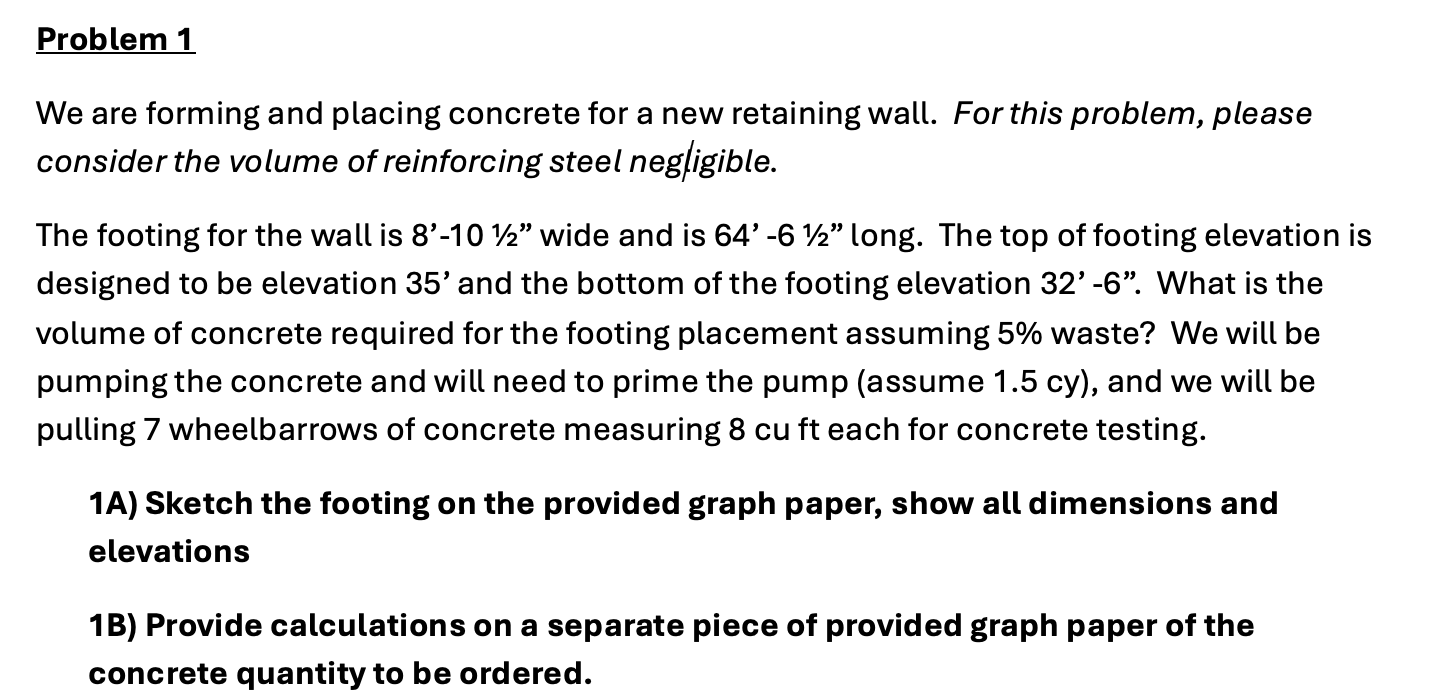 Problem 1 We are forming and placing concrete for