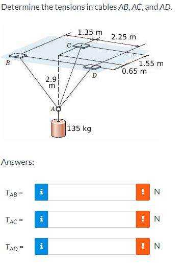 Determine the tensions in cables A B , A C , and