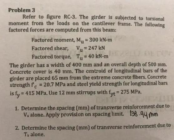 Problem 3 Refer to figure RC - 3 . The girder is