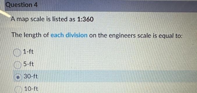 Question 4 A map scale is listed as 1 : 3 6 0 The