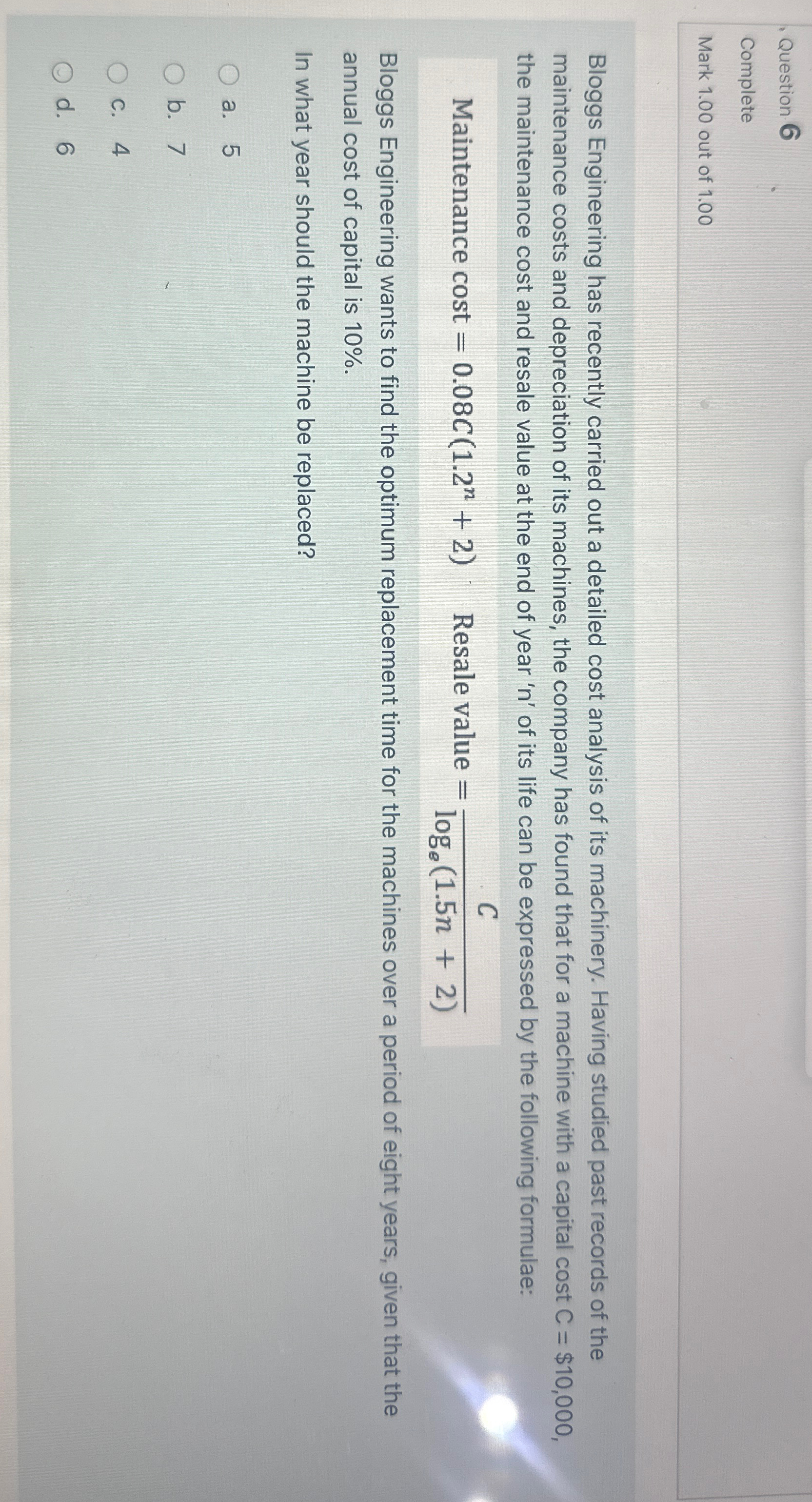 Question 6 Complete Mark 1 . 0 0 out of 1 . 0 0