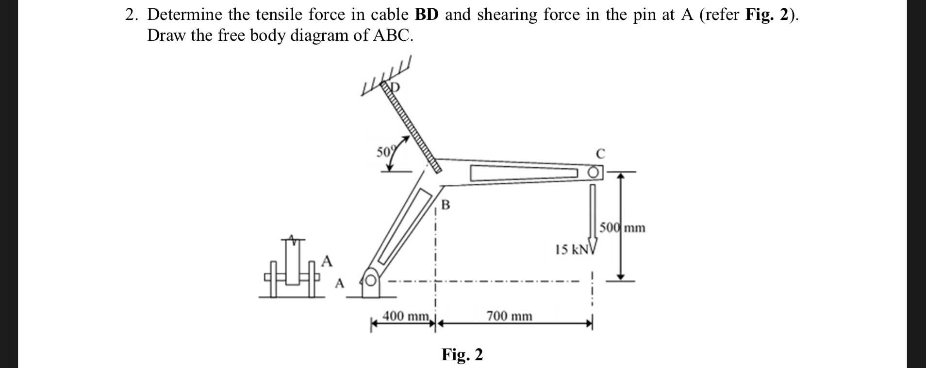 Determine the tensile force in cable BD and