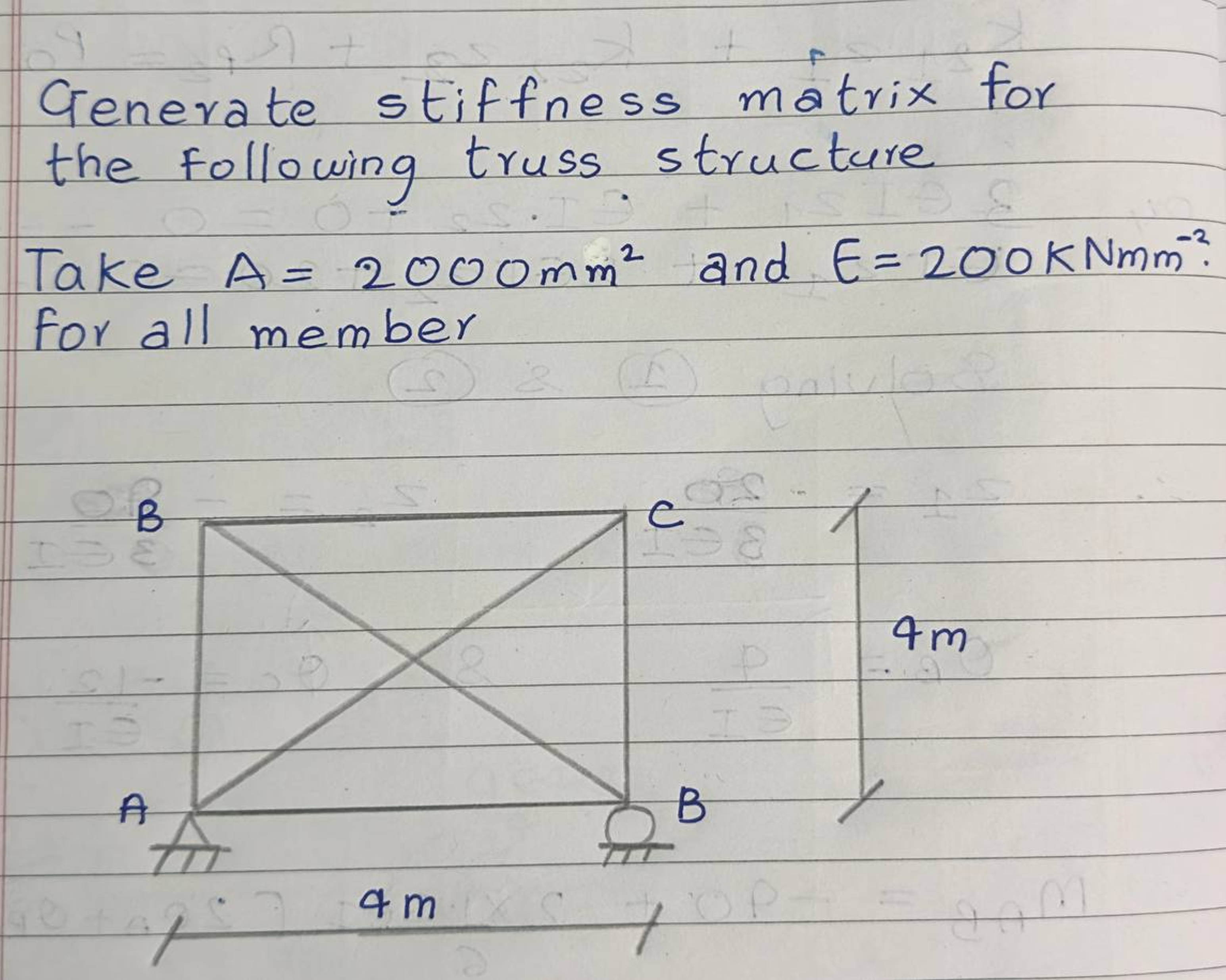 Generate stiffness matrix for the following truss