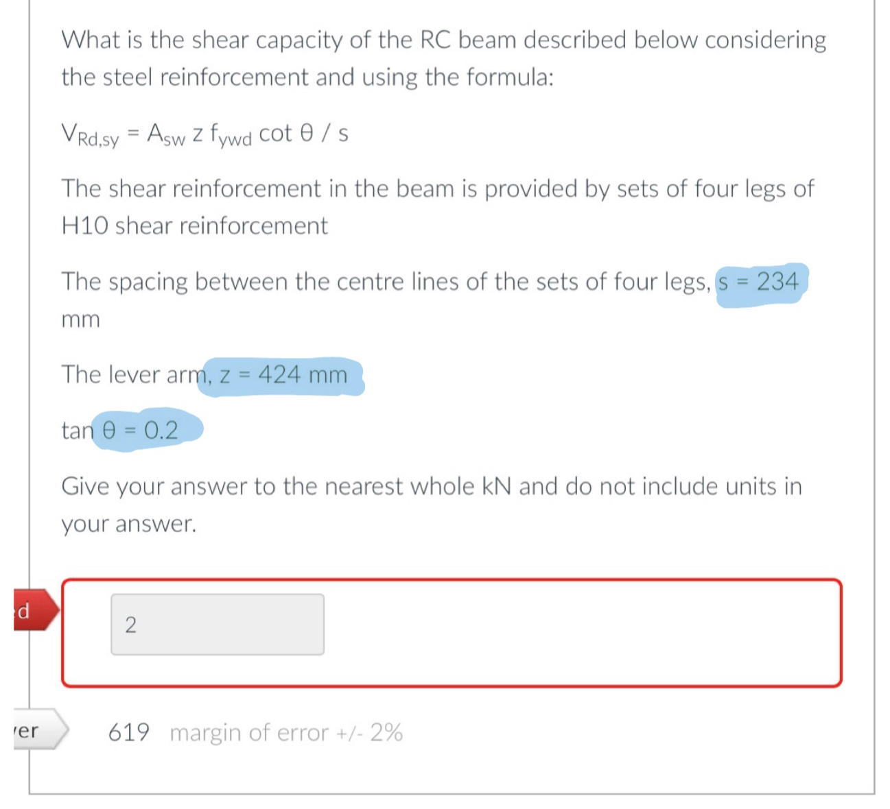 What is the shear capacity of the RC beam