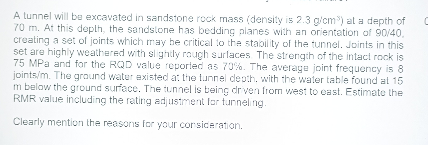 A tunnel will be excavated in sandstone rock mass