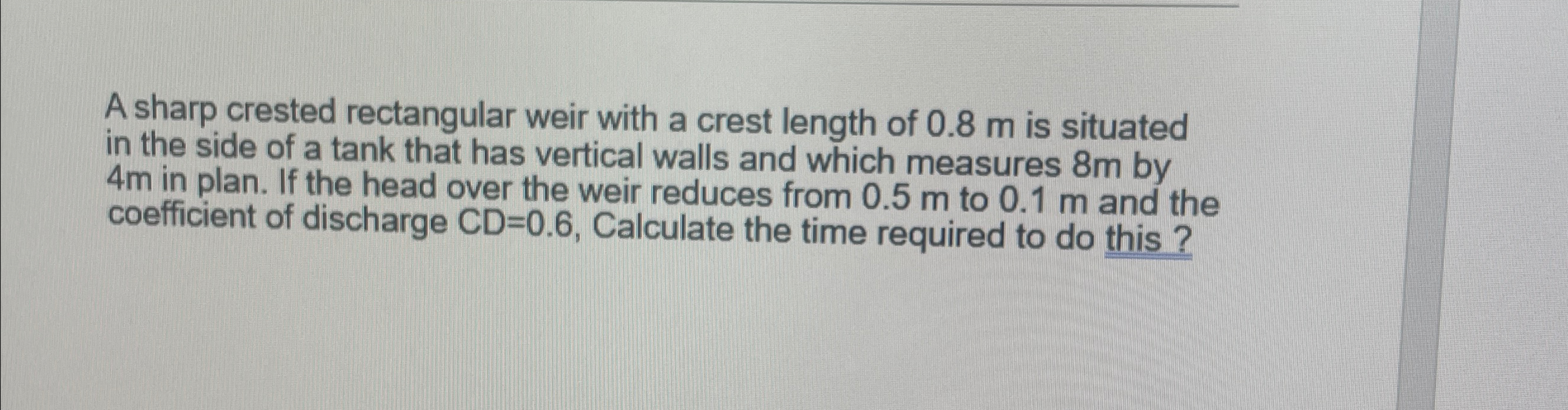 A sharp crested rectangular weir with a crest