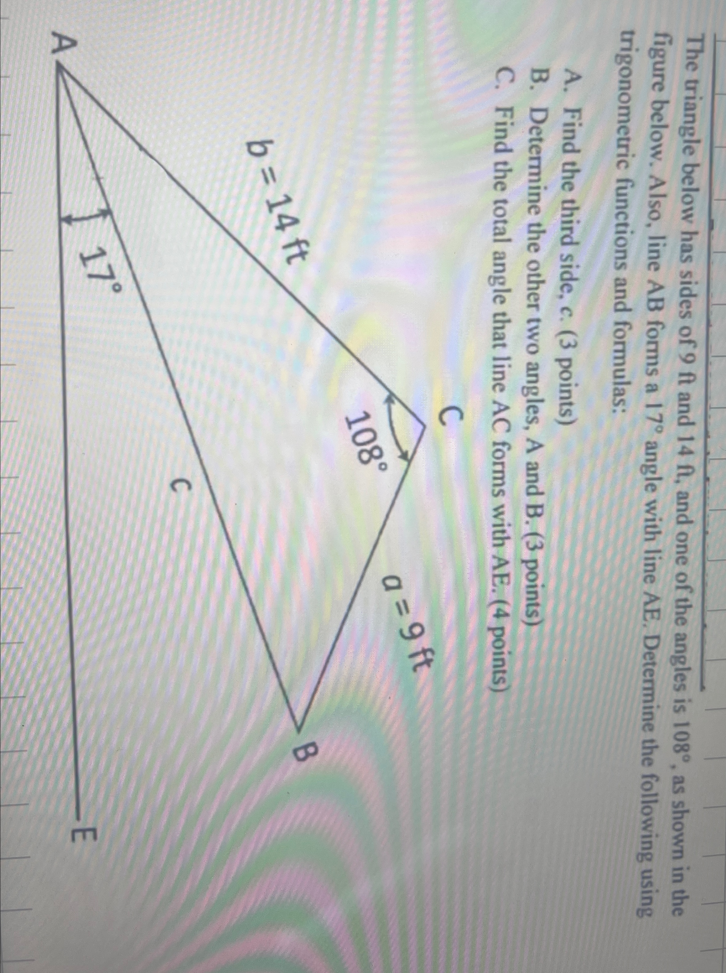 The triangle below has sides of 9 f t and 1 4 f ,