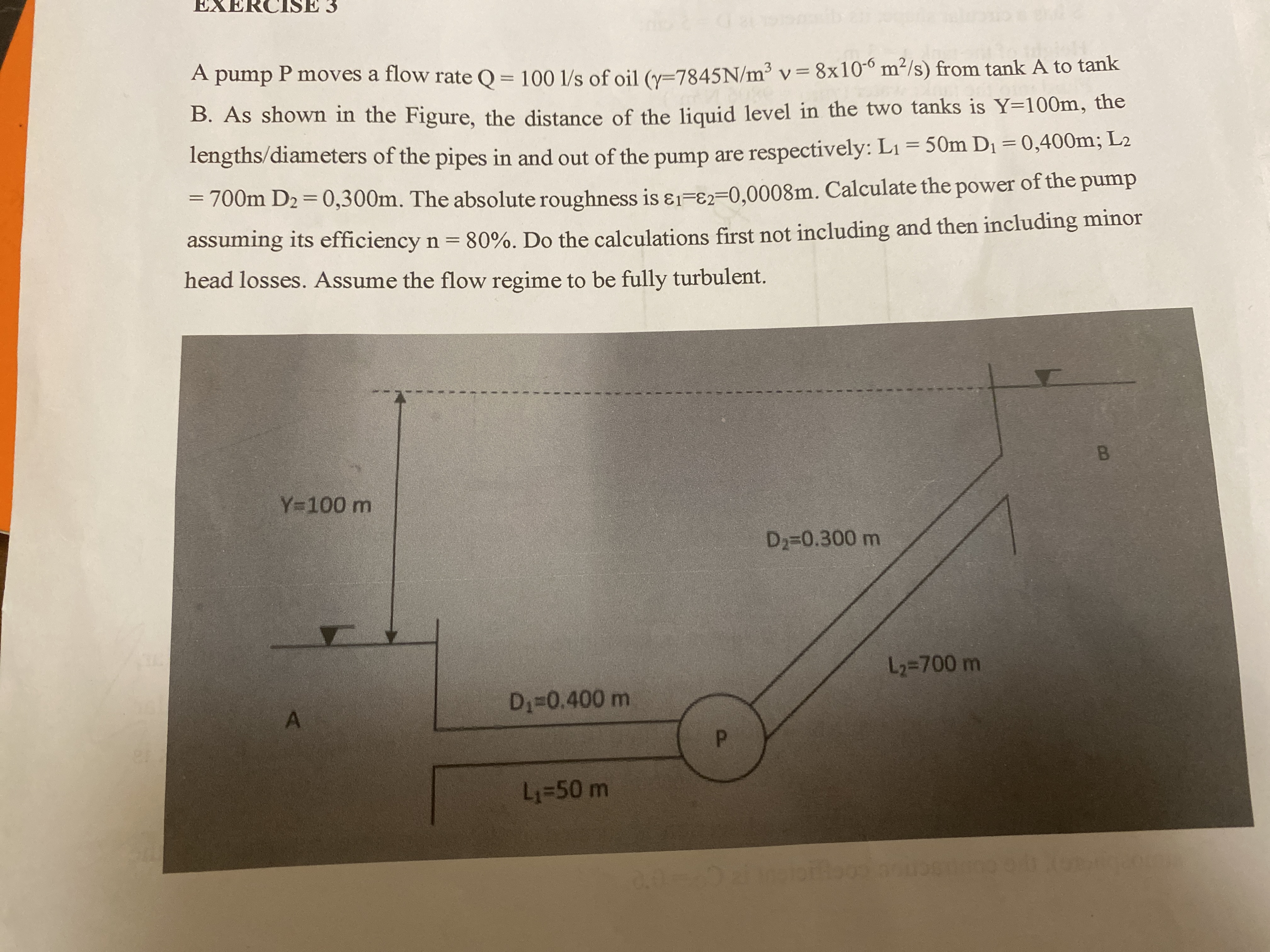 A pump P moves a flow rate Q = 1 0 0 1 s of oil (