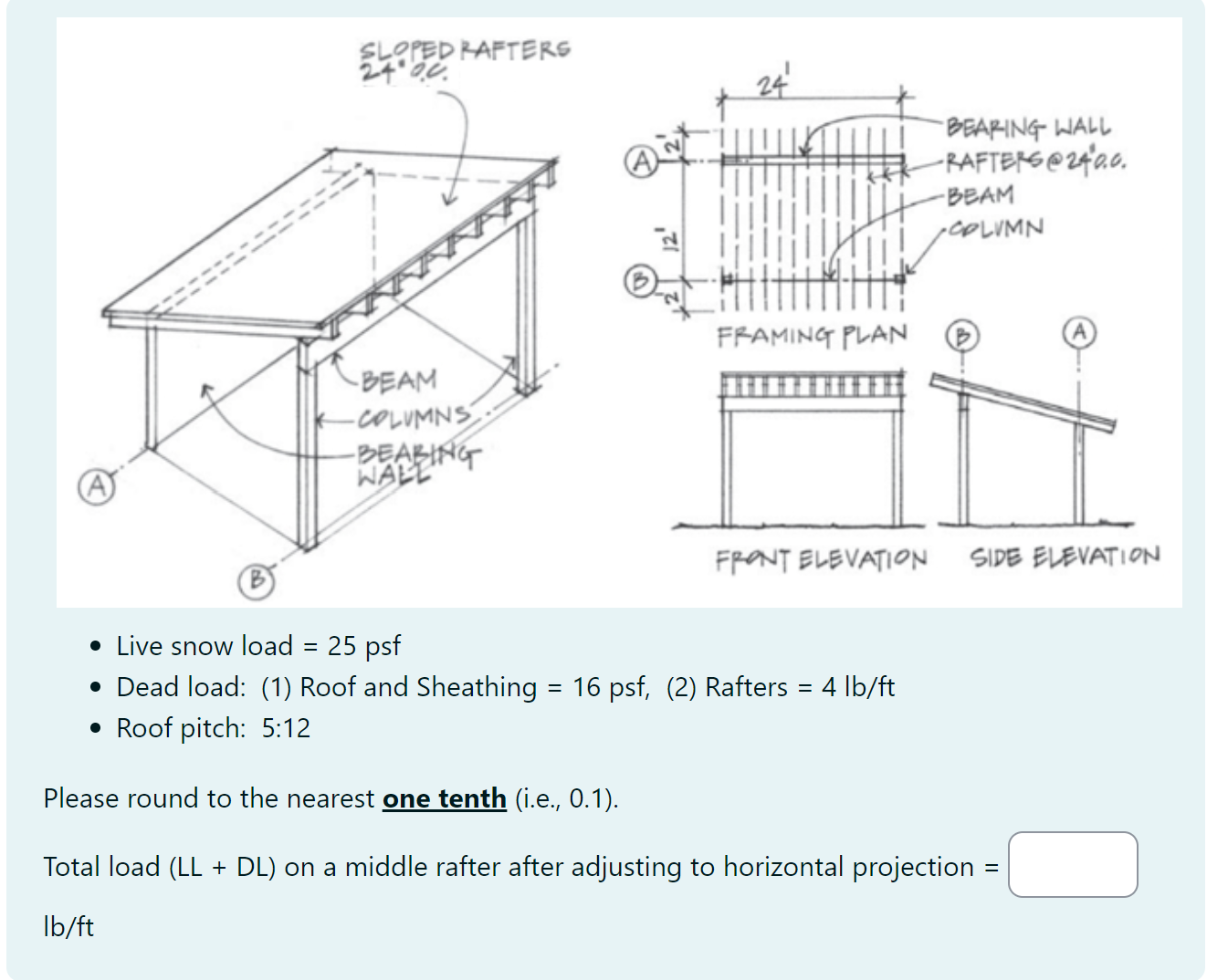 Live snow load = 2 5 psf Dead load: ( 1 ) Roof