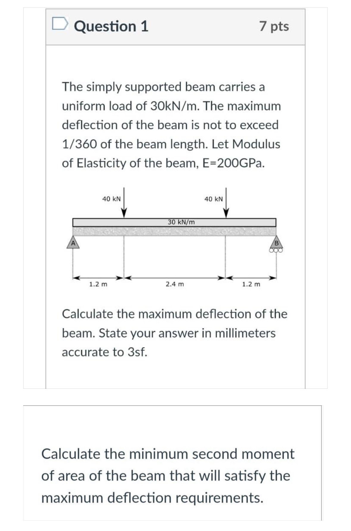 Question 1 7 pts The simply supported beam