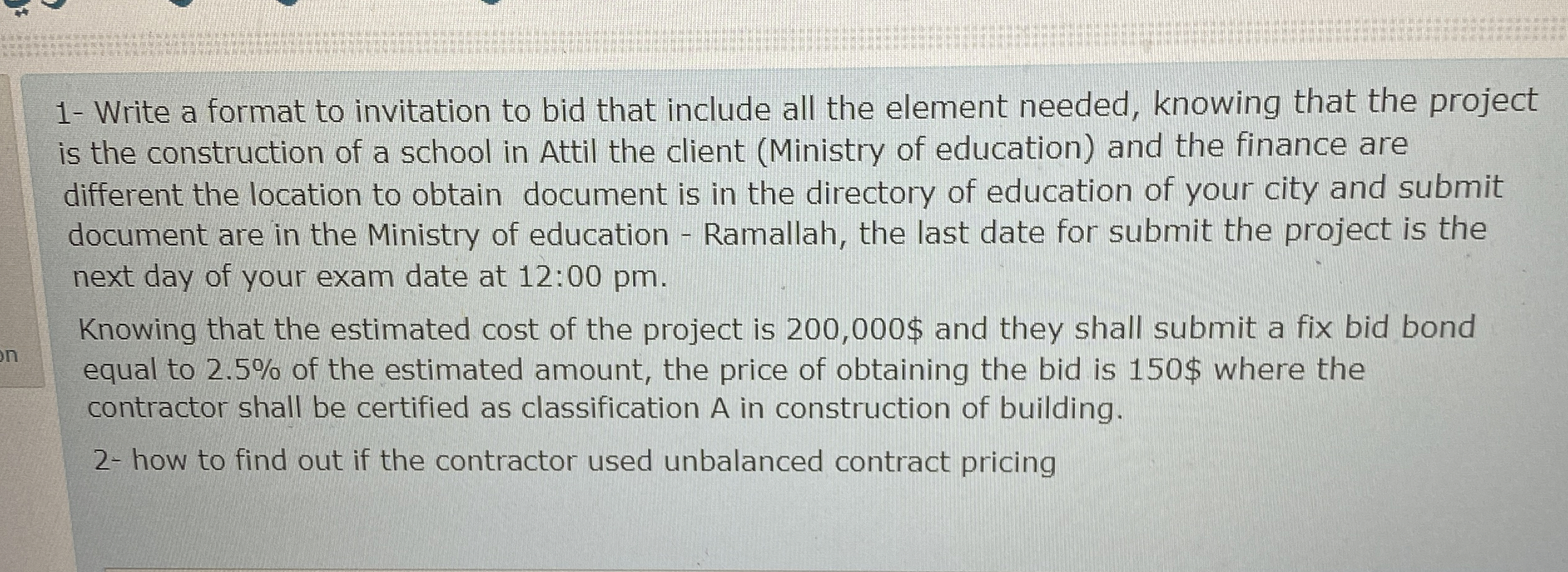 1 - Write a format to invitation to bid that