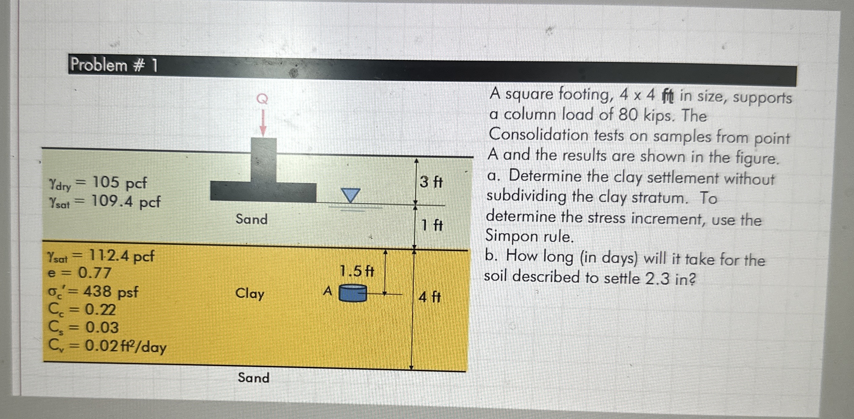 Problem # 1 A square footing, 4 4 Ft in size,