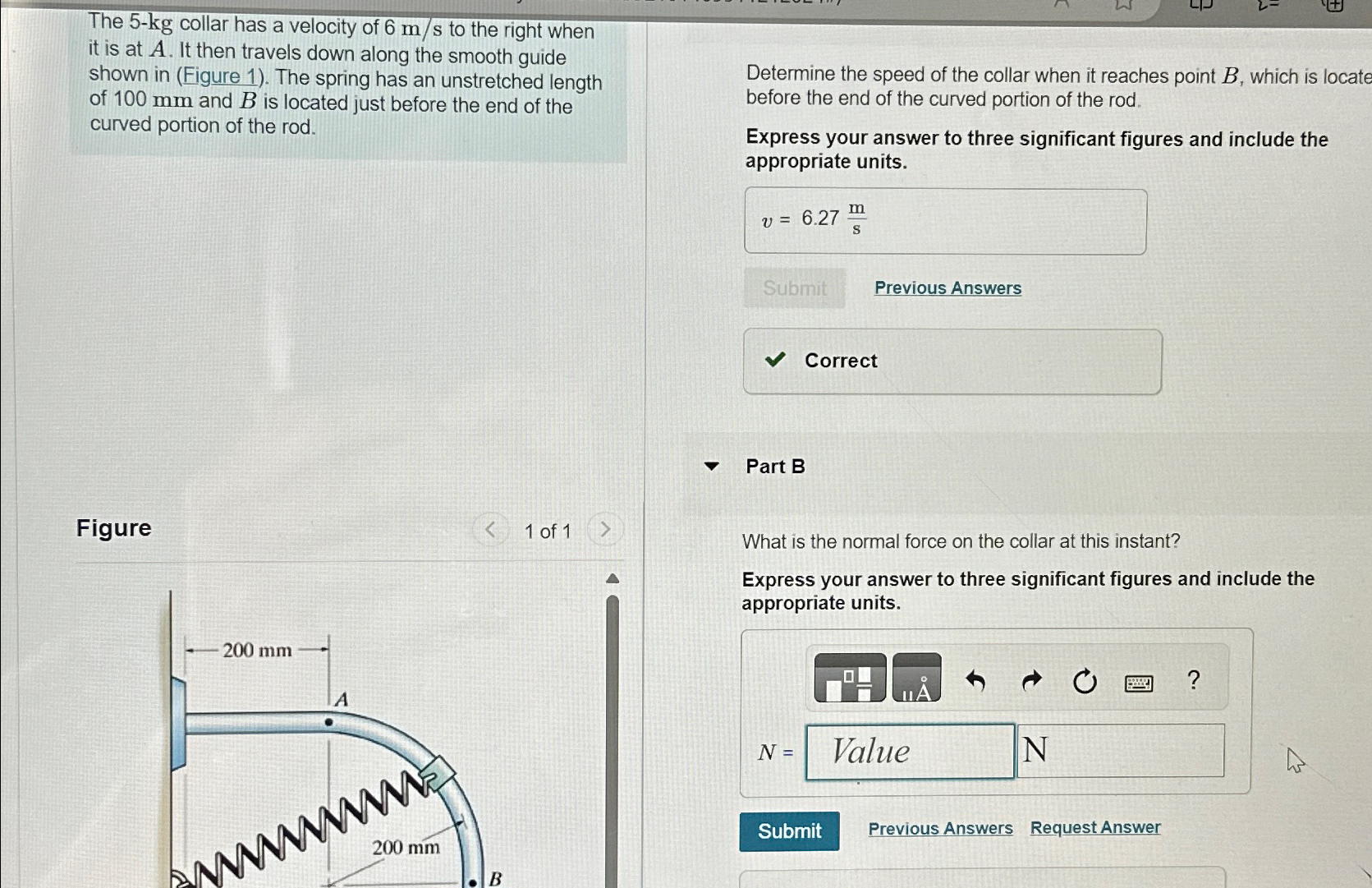 The 5 - k g collar has a velocity of 6 m s to the
