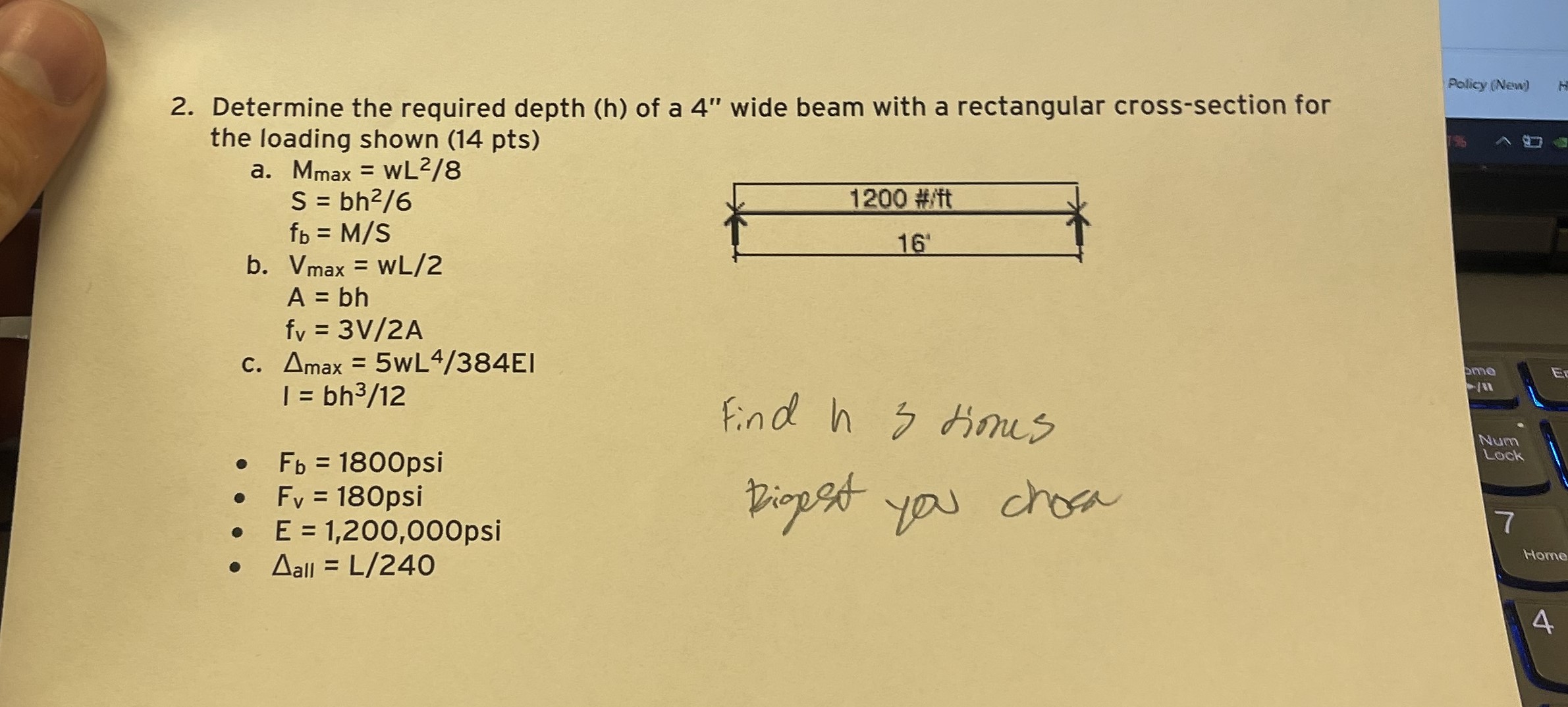 Determine the required depth ( h ) of a 4 " wide