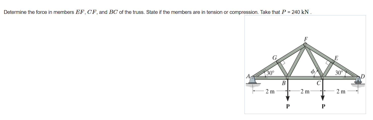 Determine the force in members E F , C F , and B