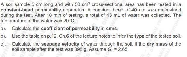 A soil sample 5 c m long and with 5 0 c m 2 cross