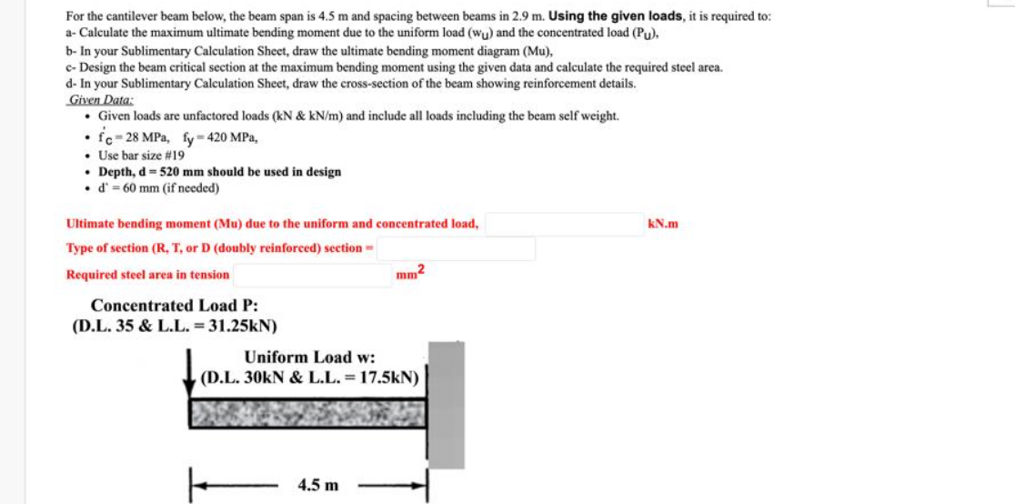For the cantilever beam below, the beam span is 4
