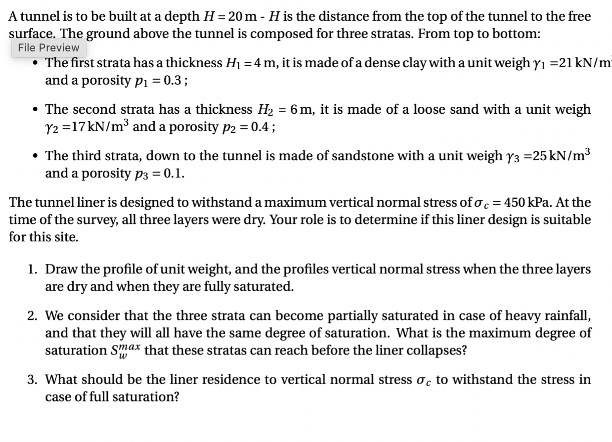A tunnel is to be built at a depth H = 2 0 m - H