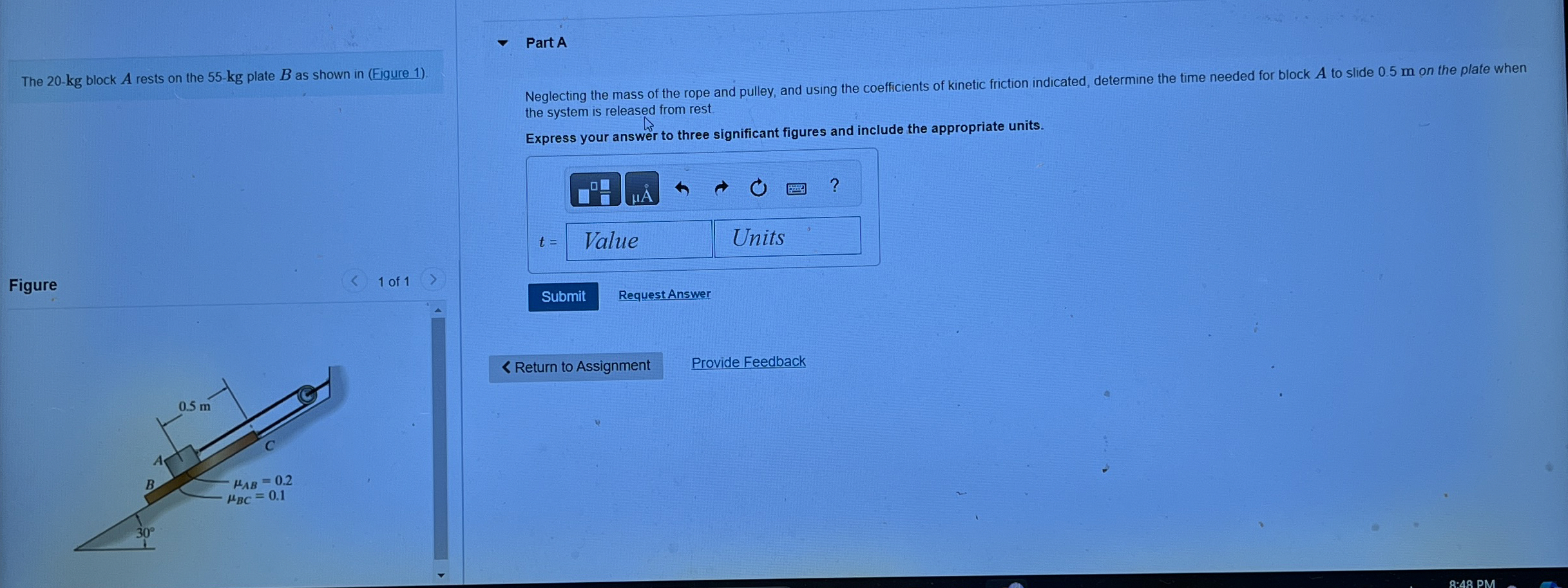 The 2 0 - k g block A rests on the 5 5 - k g