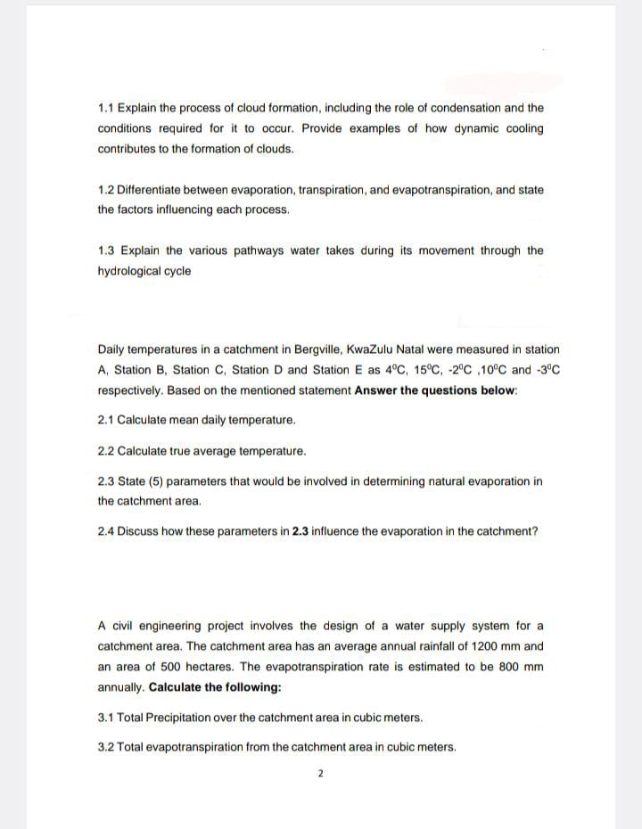 1 . 1 Explain the process of cloud formation,