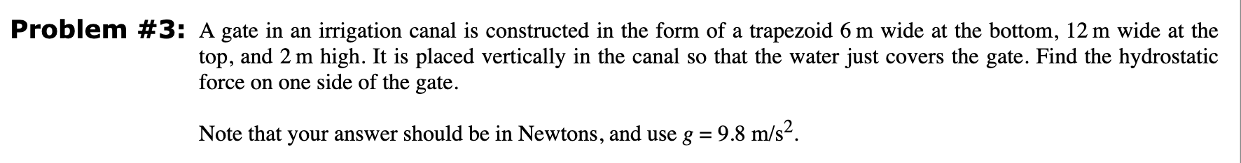 Problem # 3 : A gate in an irrigation canal is