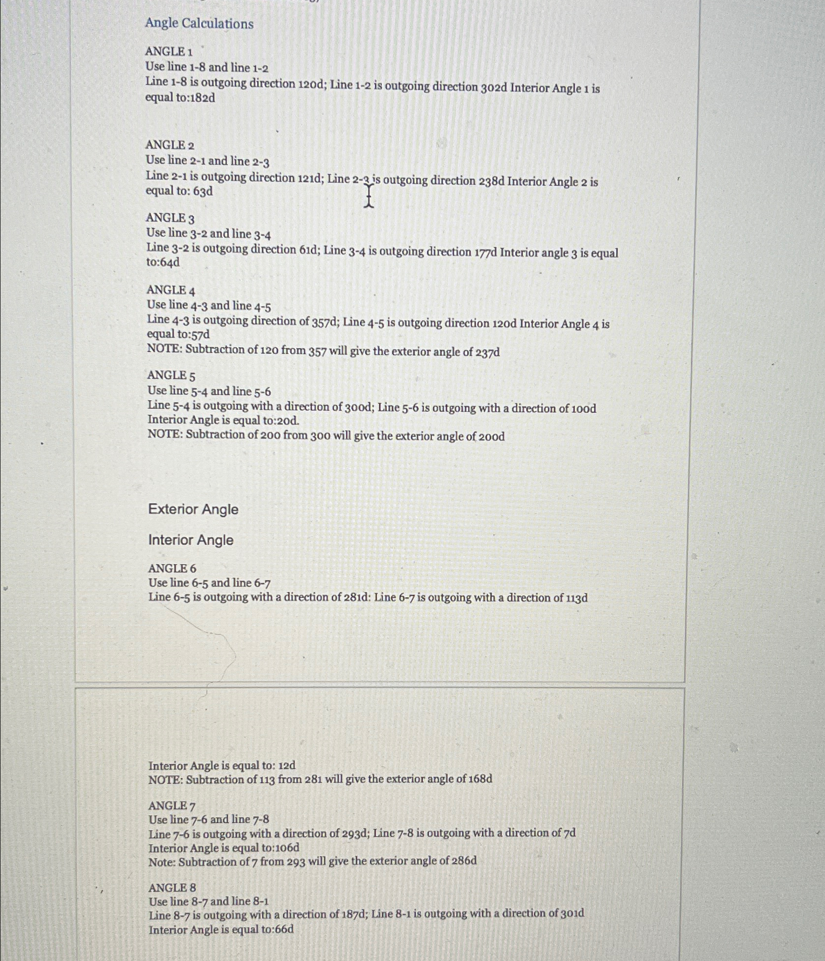 Angle Calculations ANGLE 1 Use line 1 - 8 and