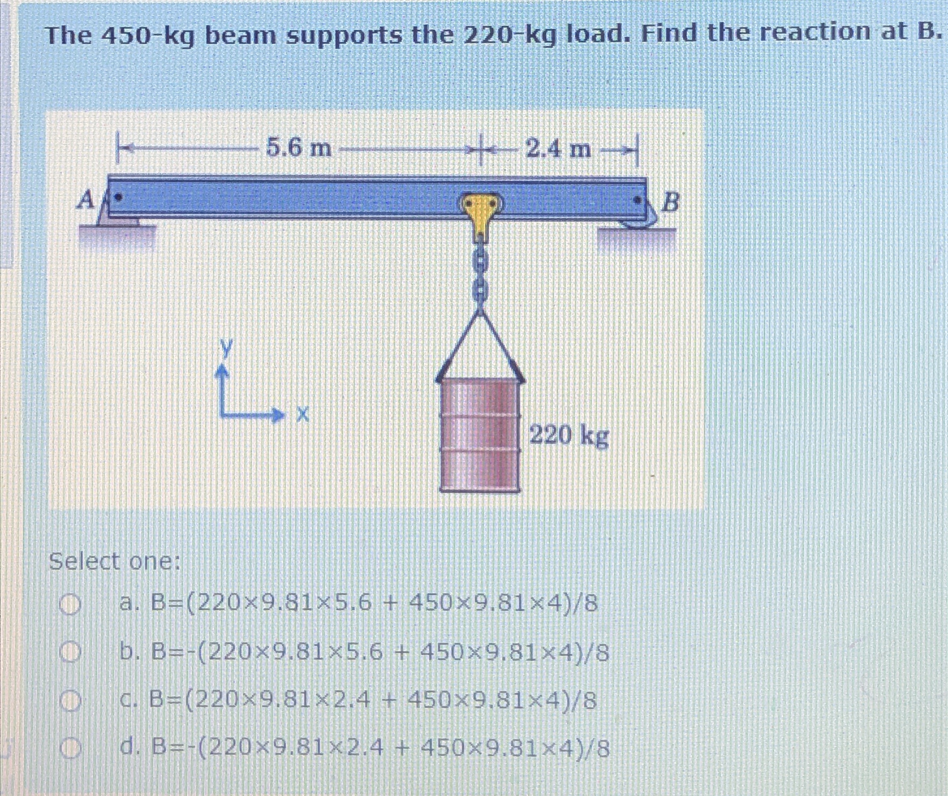 The 4 5 0 - k g beam supports the 2 2 0 - k g