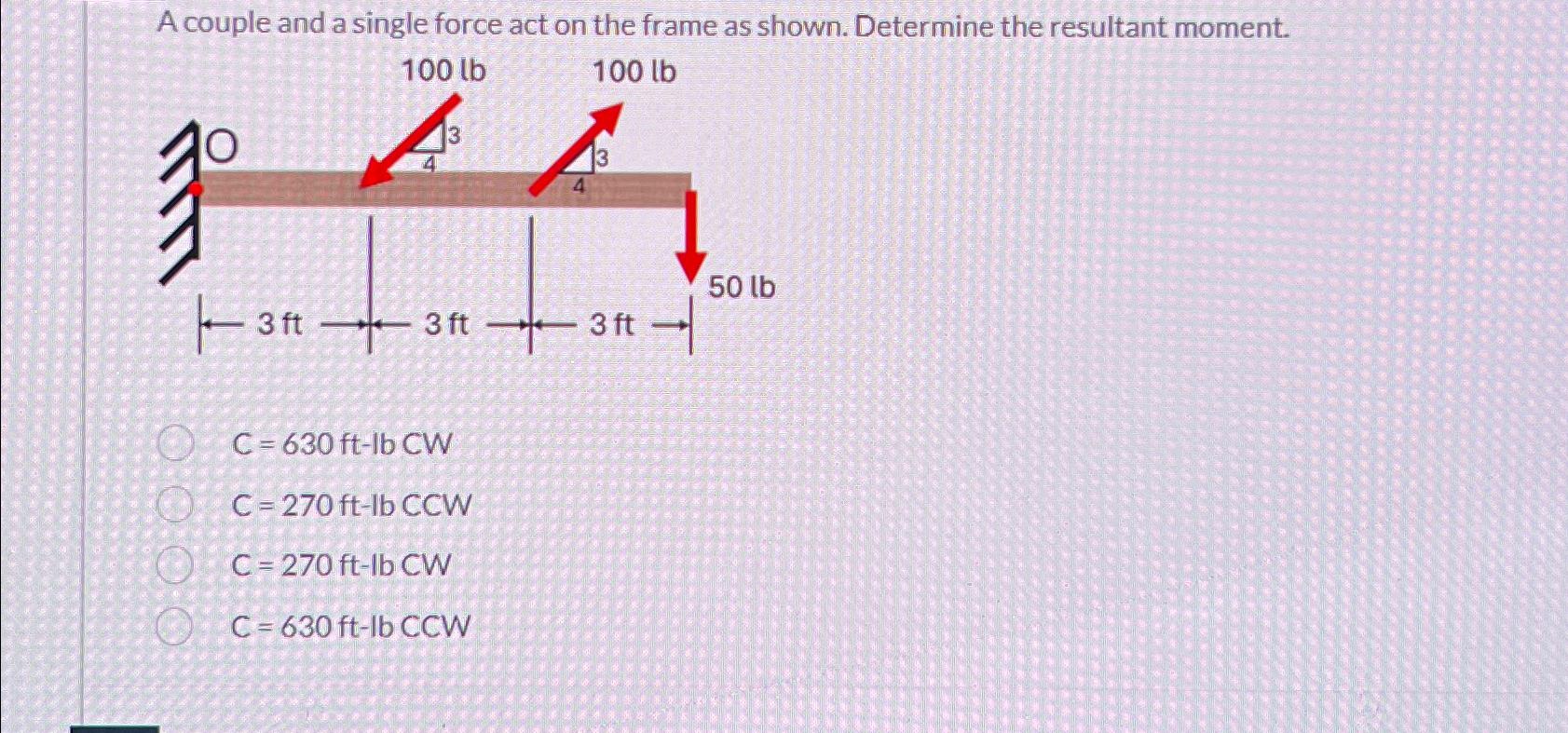A couple and a single force act on the frame as