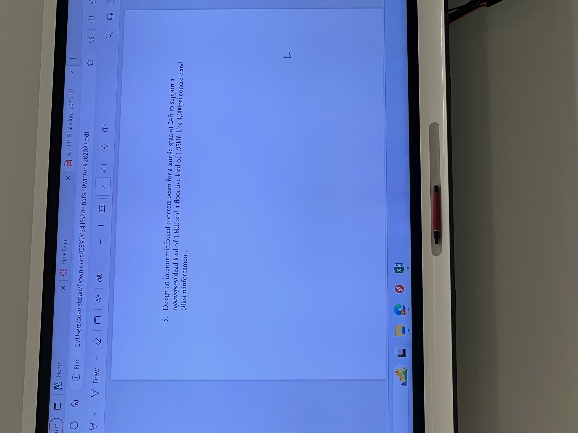 Design an interior reinforced concrete beam for a