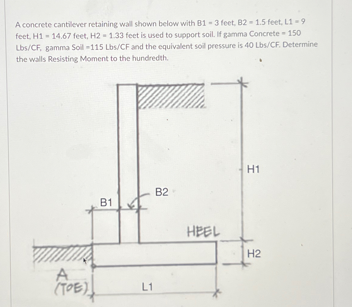 A concrete cantilever retaining wall shown below