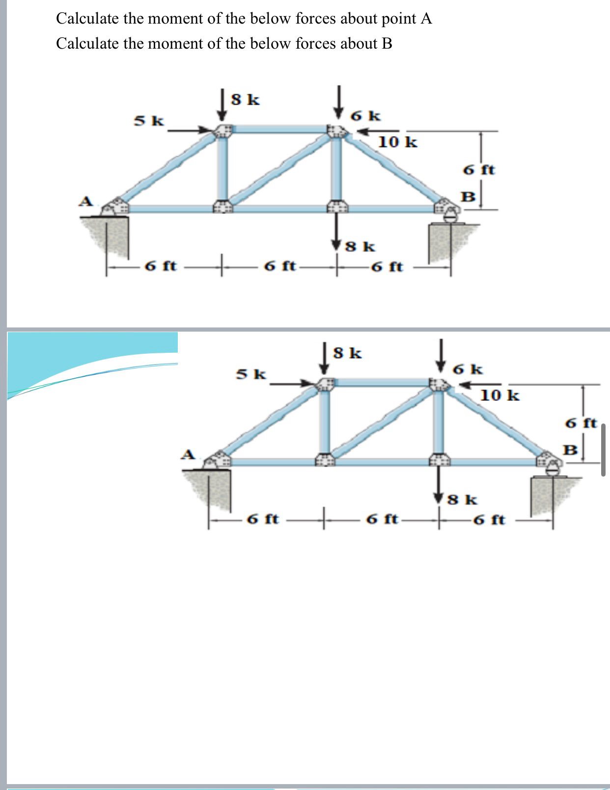 Calculate the moment of the below forces about