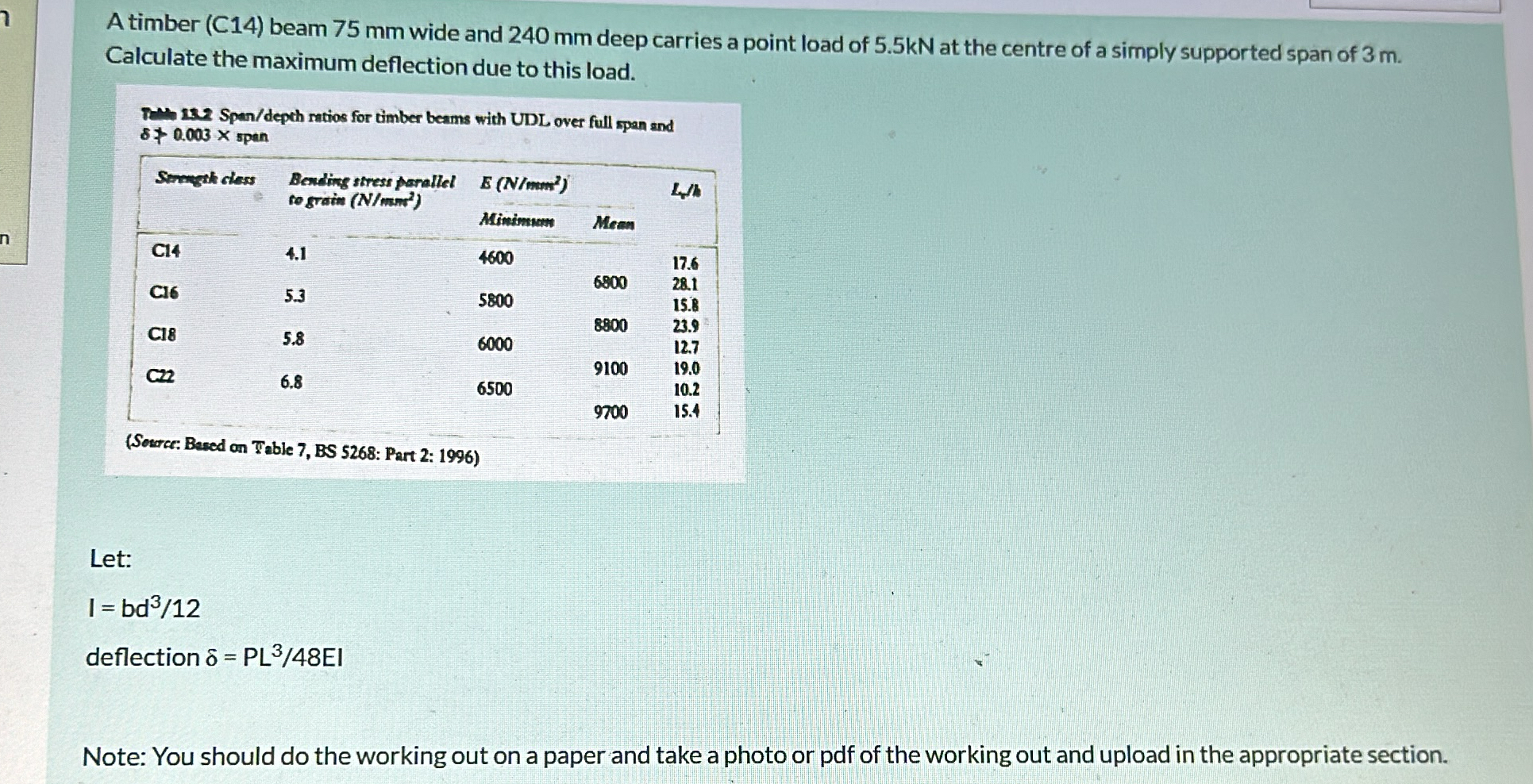A timber ( C 1 4 ) beam 7 5 m m wide and 2 4 0 m