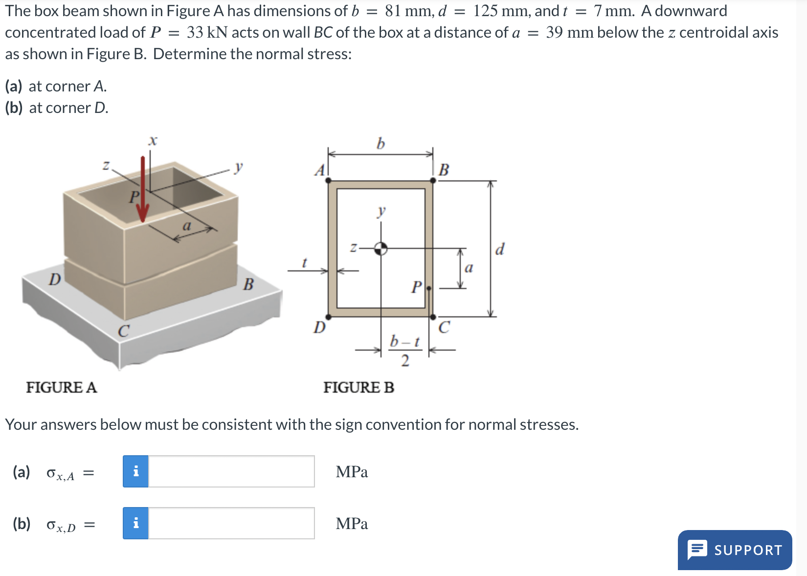 The box beam shown in Figure A has dimensions of