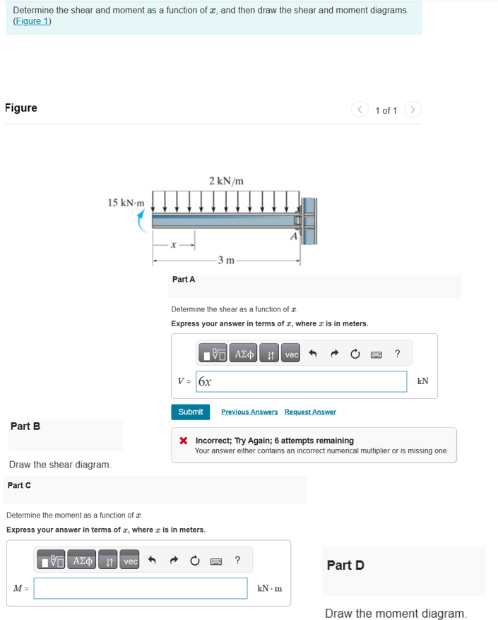 Determine the shear and moment as a function of x