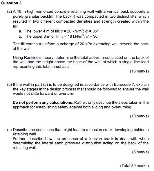 Question 3 ( a ) A 1 0 m high reinforced concrete