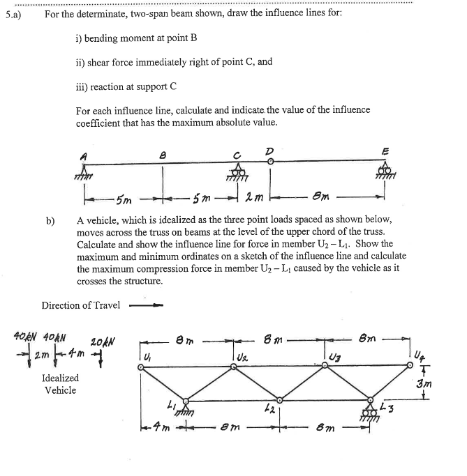 5 . a ) For the determinate, two - span beam