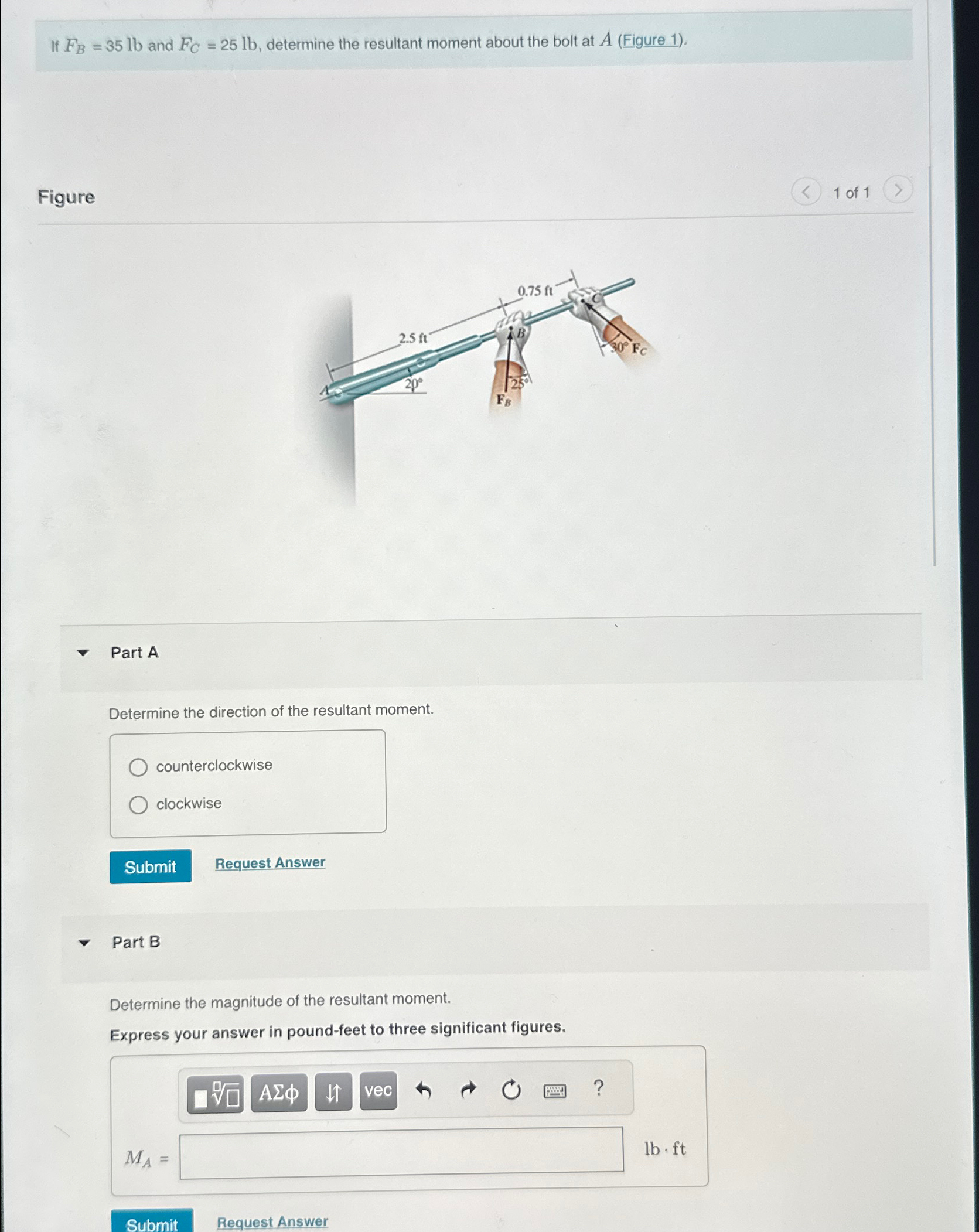 If F B = 3 5 l b and F C = 2 5 l b , determine