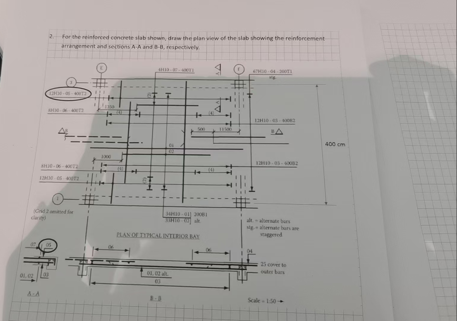 For the reinforced concrete slab shown, draw the