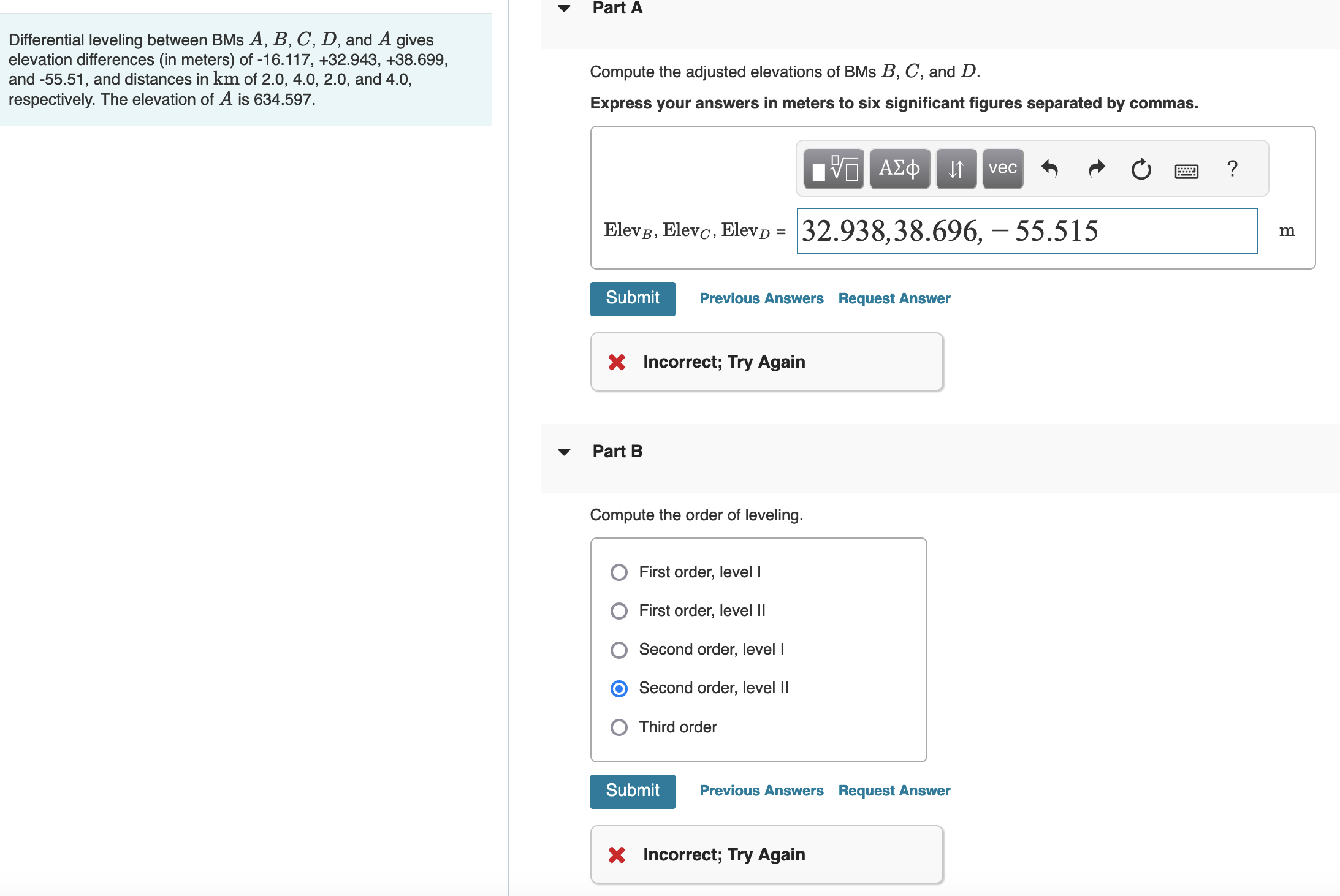 Differential leveling between BMs A , B , C , D ,