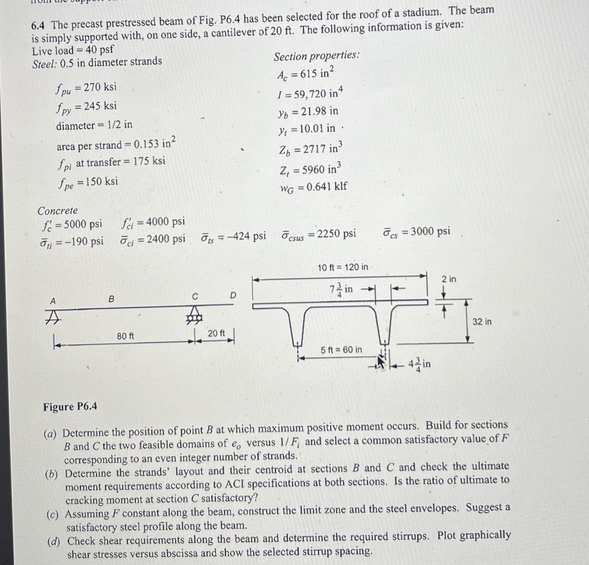 6 . 4 The precast prestressed beam of Fig. P 6 .