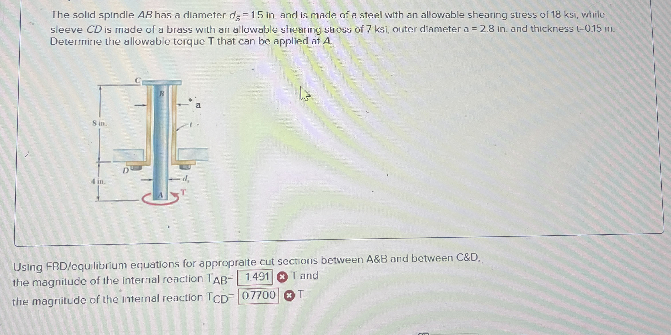The solid spindle A B has a diameter d S = 1 . 5