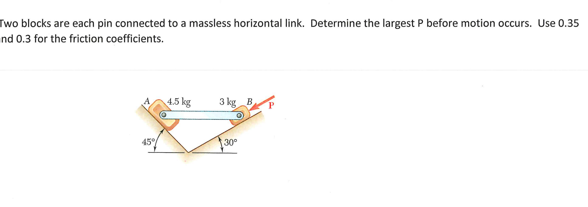 Two blocks are each pin connected to a massless