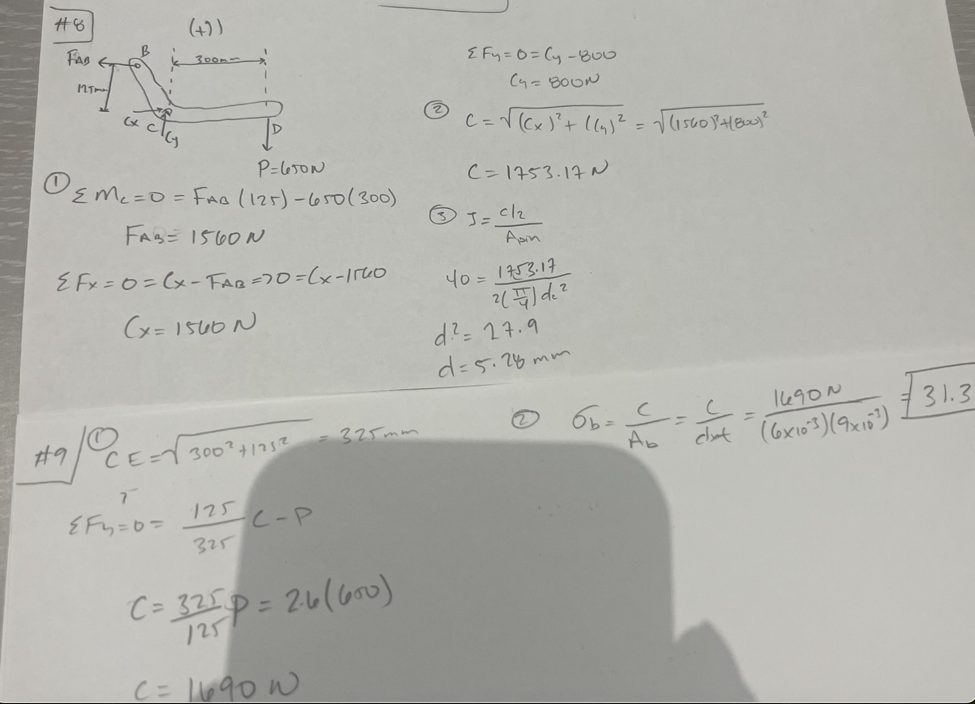 ( 1 ) P = 6 5 0 N ? ? F y = 0 = C y - 8 0 0 C 4 =