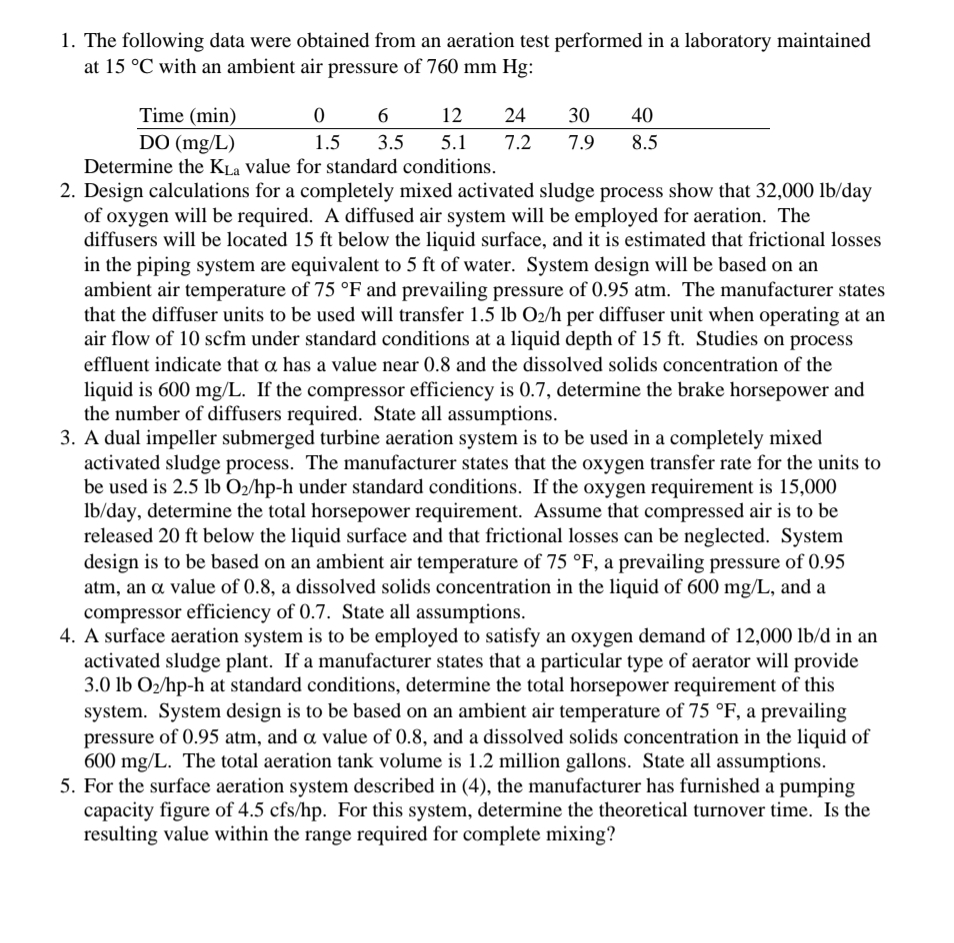 The following data were obtained from an aeration