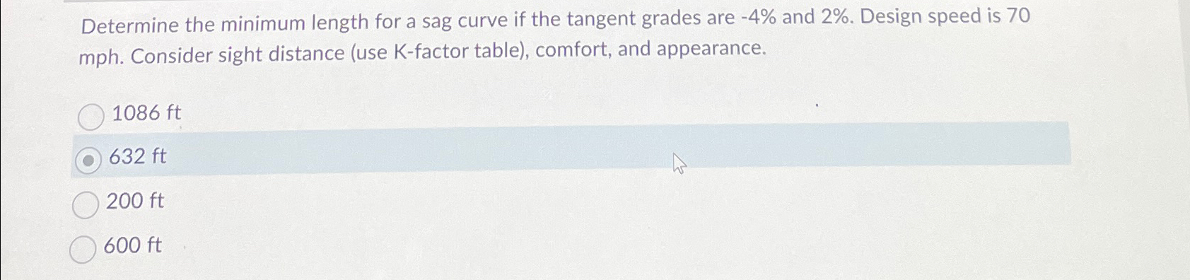 Determine the minimum length for a sag curve if