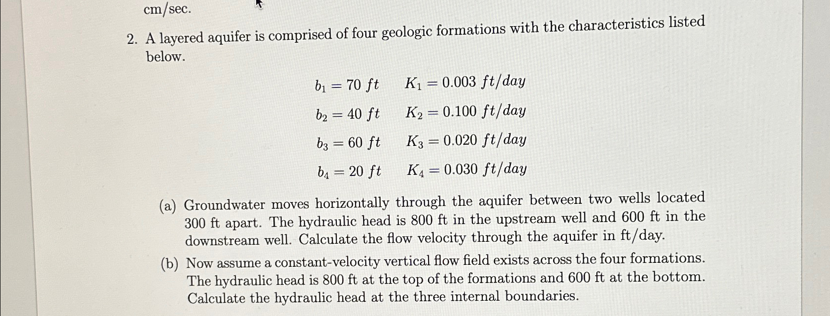 A layered aquifer is comprised of four geologic