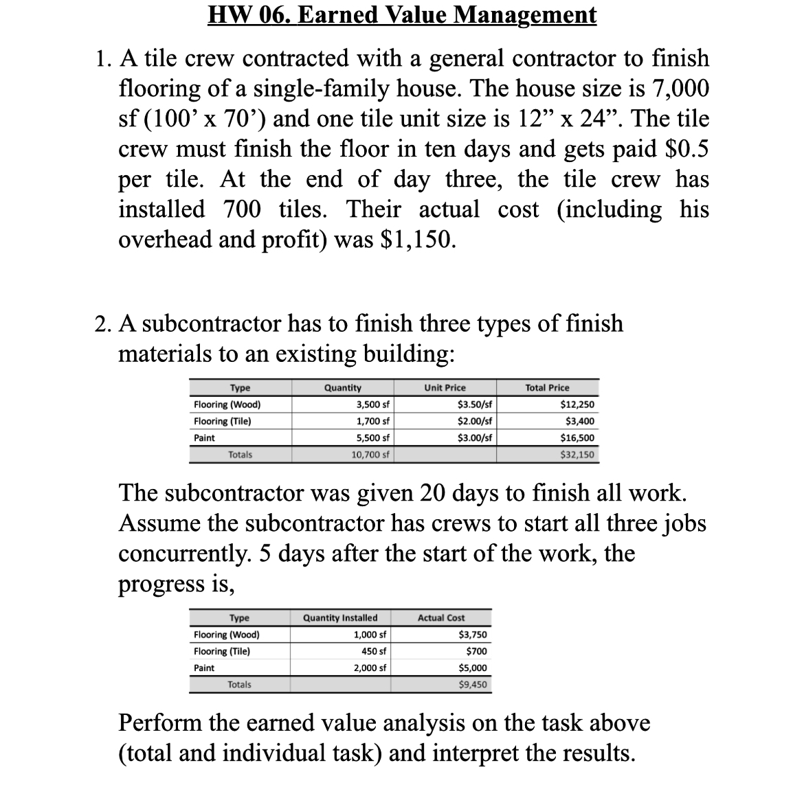 HW 0 6 . Earned Value Management A tile crew