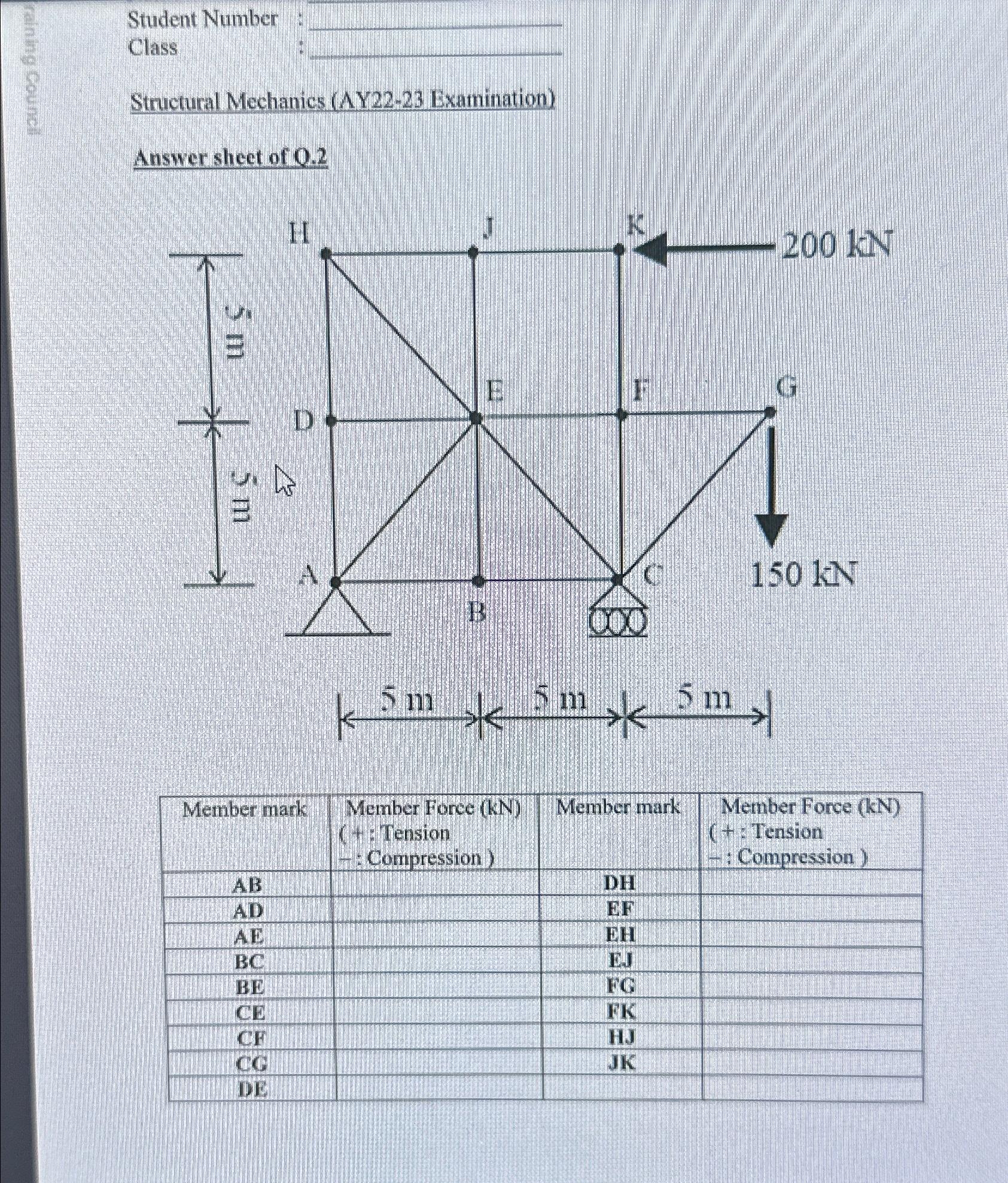 Student Number Class Structural Mechanics ( A Y 2